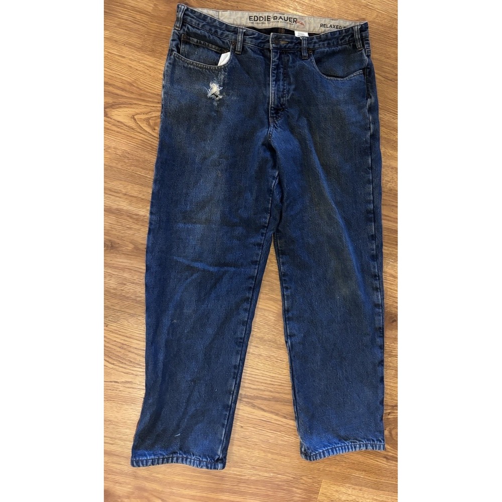 Eddie Bauer Flannel Lined Relaxed, Fit Blue Jeans 36x32 Specially Dyed